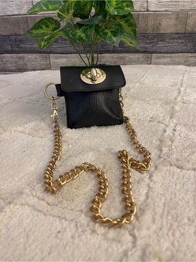 Black Leather Mini Crossbody with Gold Chain